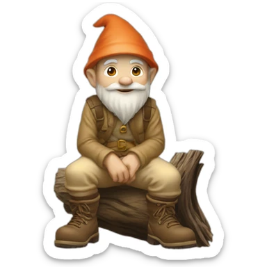 side view of gnome with light tan pants and light tan boots squatting in front of small brown log sticker