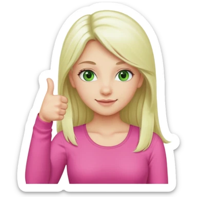 Long platinum blonde hair girl with green eyes in  pink top showing a thumbs up sticker