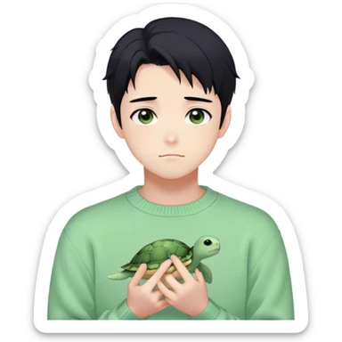 Gorgeous pastel green sweater black hair anime style shojo guy with blushing face and, turtle, aesthetic, trending style outside  sticker