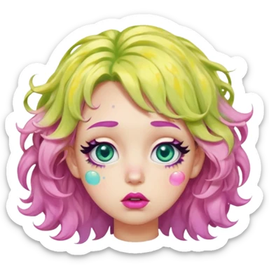 messy, wavy chartreuse hair, with pink specks, bushy eyelashes, and big round eyes, with irises that are teal on the outside and yellow on the inside while making a pouty face saying pay attention to me in bubble words sticker