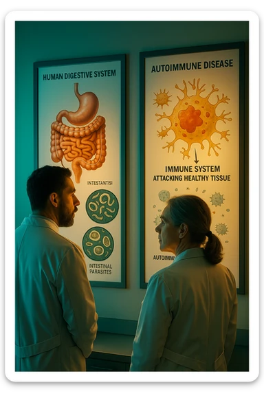 In italiano Realistic, detailed photo taken from behind of two doctors—a bearded man and a middle-aged woman—standing side by side in a modern medical office, intently studying a large, illuminated medical chart on the wall. The chart displays a detailed diagram of the human digestive system, highlighting the intestines and showing microscopic images of intestinal parasites. Next to it, another chart illustrates the immune system attacking healthy tissues, visually connecting gut parasites to autoimmune disease mechanisms. The room is bathed in a single green-blue color, with a warm, yellow-orange light casting soft shadows around the doctors. Both wear white coats and have serious, focused expressions, suggesting a deep discussion about the root causes of autoimmune conditions. Shot with a Canon EOS R5, with high detail, natural depth of field, and a clinical yet dramatic atmosphere. sticker