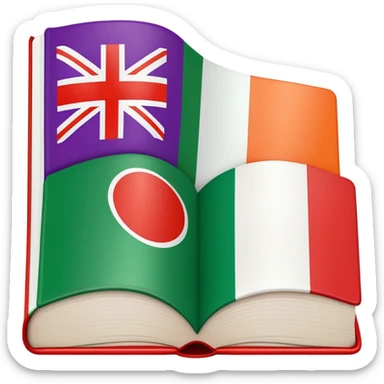 Italian to English dictionary book cover with correct Italian flag and extremely wrong British flag with completely incorrect colors like purple and orange or wrong symbols sticker