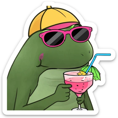 bufo frog with a colorful umbrella hat, wearing oversized sunglasses, holding a pink cocktail with a straw sticker