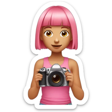 cute girl with long, straight rose hair with bangs and holding camera and wearing pink tank top sticker