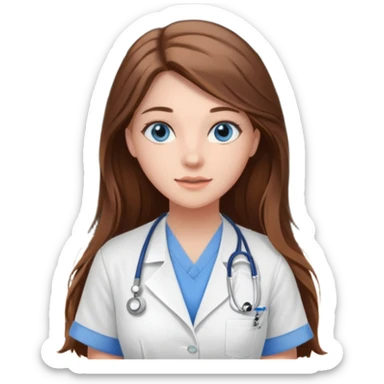 inside a classroom at university that says nursing school on the board with a pretty female nursing student with long brown hair, blue eyes sticker