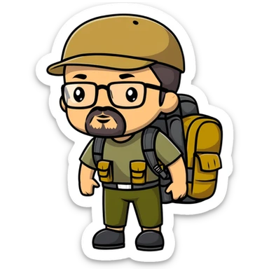 adventurer with goatee beard (no beard on cheeks), short hair, glasses, backwards military tan cap and backpack sticker