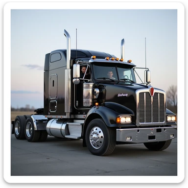 realistic black Kenworth W680 sleeper semi truck with chrome exhaust stacks, a man hanging out the window with one arm out sticker