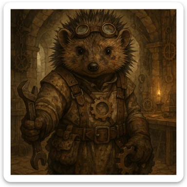 humanoid hedgehog with engineering gear, dirty face and outfit, old medieval workshop setting, direct look, dungeons and dragons, detailed illustration, artstation quality sticker