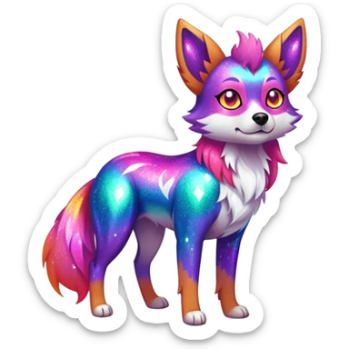 Vibrant multicolored neon-colored Falvie-Fionbri-creature-sparkle-dog-fursona, full body sticker