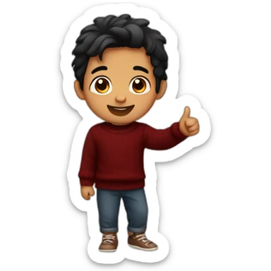 smiling and pointing 3 years old north indian with black hair wearing a dark red sweater sticker