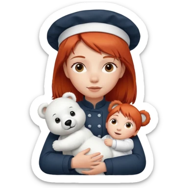 girl kid italian chef, red haired, uniform, holding plush polar bear sticker