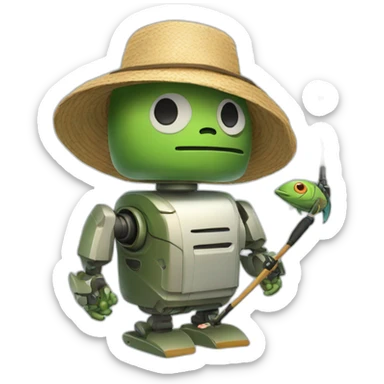 robot with fishing rod and strawhat sticker