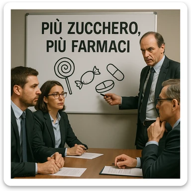 Corporate meeting in a pharmaceutical company: managers discussing in front of a whiteboard with drawings of sweets and pills, visible slogan in Italian 'Più zucchero, più farmaci', cynical and strategic atmosphere, photographic style, realistic details, 4K quality. sticker