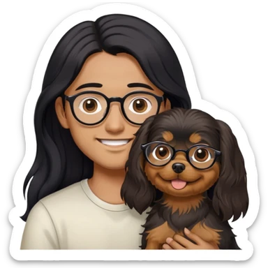“An Asian girl with long, wavy black hair (loose, no hair tie) next to her smiling boyfriend—a brown-skinned man with a MIDDLE PART HAIr and glasses. Together, they’re holding a small Yorkshire Terrier sticker