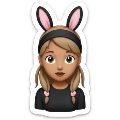 "A tan-skinned person with a high brown ponytail wearing a headband with black bunny ears. The character is dressed in a stylish black outfit. The emoji style should be cute, expressive, and modern — simple but detailed enough to show the ponytail, bunny ears, and outfit clearly." sticker