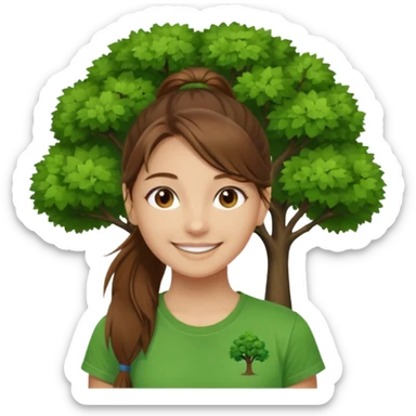 Make a zumba coach emoji, brown eyes, brown hair girl, long ponytail,green t shirt with a tree logo on It sticker