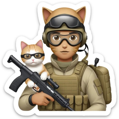 Man in tactical airsoft gear wearing protective goggles on face, holding a gun in one hand and a white and brown cat in the other hand sticker