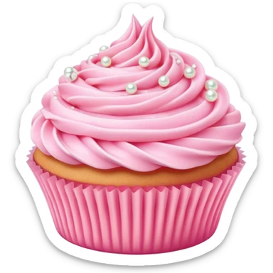 Cinematic Realistic Pink Cupcakes, fluffy pastel pink frosting swirled elegantly on top of golden cupcakes, tiny edible pearls adding a delicate touch, soft warm lighting creating a dreamy atmosphere, glowing with sweetness and charm. sticker