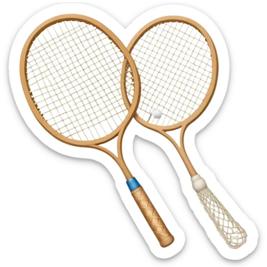 Two crossed badminton rackets with a shuttlecock resting in between, set against the faint outline of a badminton court. The image highlights the tools of the sport, with a subtle emphasis on the court's net and boundaries, symbolizing competition and skill. sticker