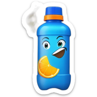 plastic bottle with blue cap, and detitle being SLAP in blue color with a yellowish cartoony fire on the background and the juice being orange sticker
