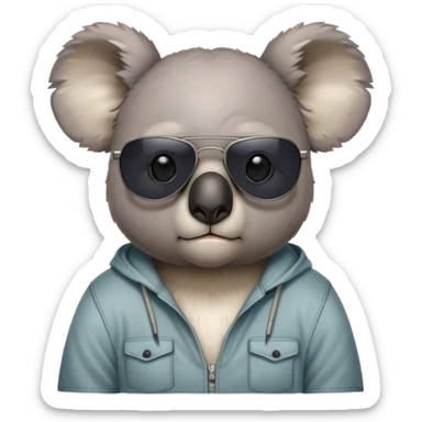 anthropomorphised koala, head and shoulders, casual clothing, dark sunglasses, grumpy expression sticker