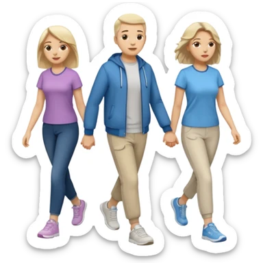 iOS emoji style - a men and 2 women in casual clothes and wearing trainers. Walking in the same direction quickly together. 
Not holding hands. No backpacks. 
 sticker