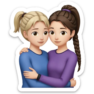 Comforting Hug two white skin women, one shorter woman with medium brown simple top ponytail, not braided, and one taller woman with a single long black side braid sticker