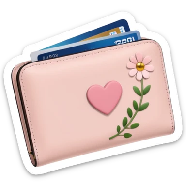 Pale Pink cute Wallet with heart charm, credit cards inside and flowers growing from it, clean aesthetic sticker