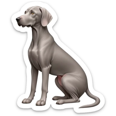cinematic-[weimaraner-realistic-full-body-sitting-emoji,-tail-resting-loosely-beside-its-paws,-head-tilted-dramatically, -sleek-[grey]-fur,-simplified-yet-realistic-focused-features,-highly-detailed,-glowing-with-an-almost-sarcastic-glow sticker