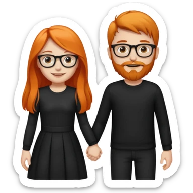 girl with long orange hair wearing no glasses and all black clothes and holding hands with boy with dark hair and beard and glasses and pale skin sticker