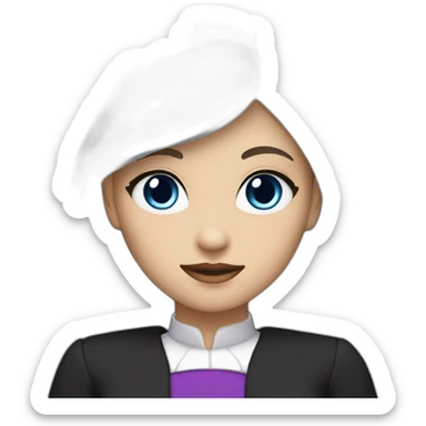 a girl with long straight white hair and purple at the ends,blue eyes and a small heart on the left cheek black dress with a collar roll black sticker