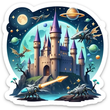 Icon for Fantasy and Sci-Fi Movies: A magical collage with flying dragons. futuristic spaceships and UFOs. Stars and planets shimmer in the background with a mystical castle Hogvards an ancient wizard and robots. The atmosphere is epic, otherworldly and adventurous. Transparent background. sticker