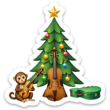 A cute, minimal emoji-style Christmas tree with a bright green triangular shape, decorated with a simple glowing light garland and round colorful baubles, a wooden violin replacing the trunk, and a small playful monkey sitting at the very top carefully placing a golden Christmas star sticker