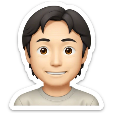​Cinematic Realistic Portrait of a Smiling Shigeru Miyamoto, depicted with warm, approachable features, showing a giant smile with expressive eyes, set against a subtle backdrop, inviting lighting that captures his innovative spirit sticker