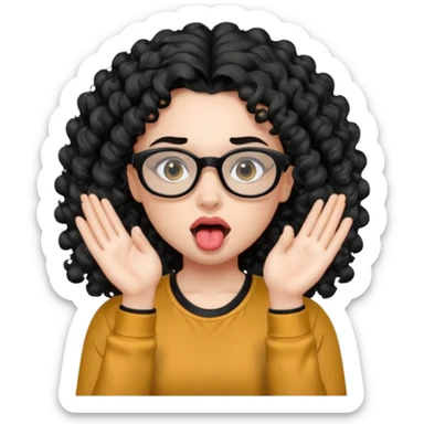 girl with doe eyes a small nose and big lips with black Long curly hair and wearing a gray compression shirt black sweatpants and black glasses sticking her tounge out with both hands flipping off sticker
