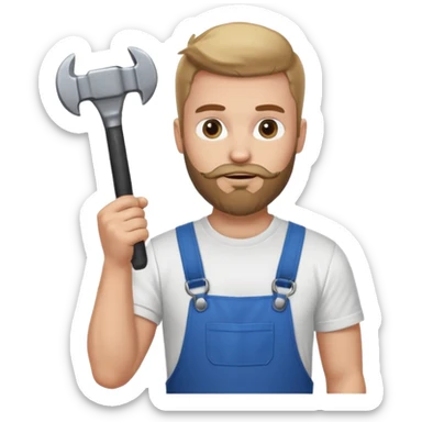  guy who looks very handsome, he has a beard, wears a white tee shirt and holds a wrench in one hand and a black hammer in the other  sticker