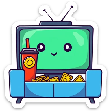 character watching TV with chips and soda sticker