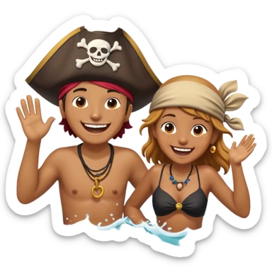 A person splashing in the ocean, laughing with a warm friend beside them. They’re playfully pretending to be pirates, fully immersed in the fun. The sun glows above, and the waves crash around them, symbolizing the joy of being present, creating fun, and appreciating the moment with the people  sticker