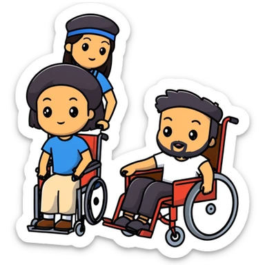 Beige skin man with a beard and cap in a wheelchair sitting next to a brown skin woman with long black hair in a wheelchair  sticker