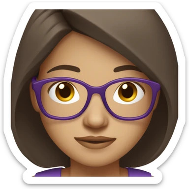 A 22-year-old woman with fair skin, dark brown hair, and glasses with purple frames, working on a compute sticker