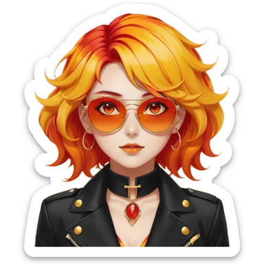 Beautiful gorgeous anime lady with beautiful fiery fiery-warm-red-orange-yellow-gradient-wavy-special-hair, fashion aesthetic, black sunglasses, accessories, gold jewelries, gold, ears, red-and-yellow sunny-pattern-eyes, black suit, biker-woman  sticker