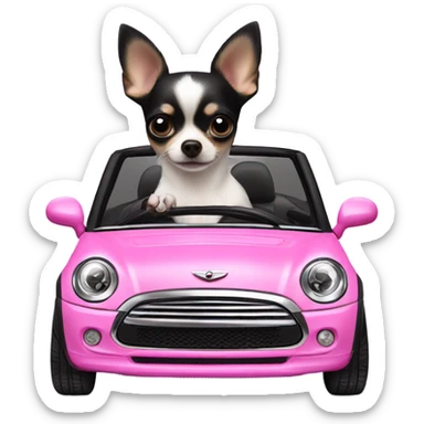 Black and white Chihuahua driving pink mini cooper convertible  sticker