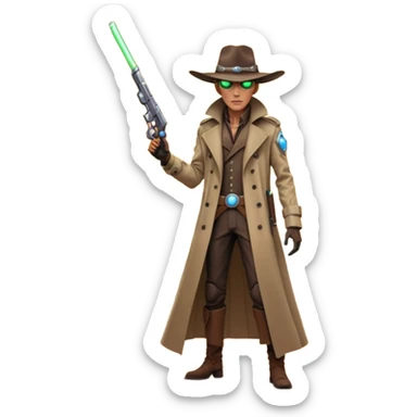 A tall alien cowboy standing in a dusty desert on an alien planet, wearing a futuristic cowboy hat and long trench coat, glowing eyes, twin plasma revolvers on his belt, dramatic sunset, cinematic lighting, ultra realistic, high detail, epic sci-fi western atmosphere

 sticker