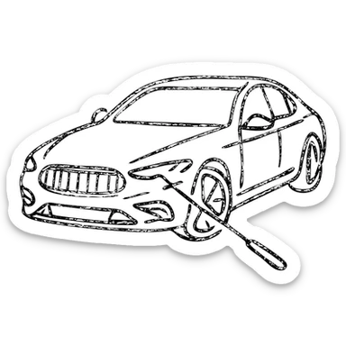 hand-drawn outlined icon of a high-end car with a rod tool touching a dent, matte black, fine silver lines, minimal sticker