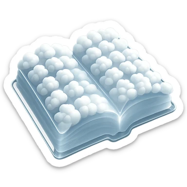 top view of a thick open book made entirely of small, very bright white fluffy convex clouds, matte glass style sticker