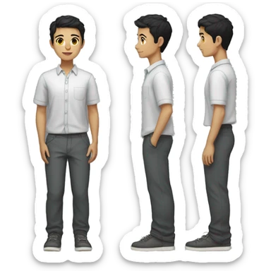 a light-skinned student with short black hair wears a full-length shirt and trousers sticker