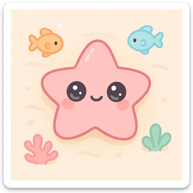 starfish on sandy beach, top-down view, extremely cute underwater cartoon creature with a big round head, huge sparkling eyes, small smiling mouth, and pink shiny skin, rosy cheeks, soft pastel colors, plastic toy-like texture, chibi style, surrounded by colorful fish and coral, gentle lighting, 3D-rendered, high detail, kawaii aesthetic sticker