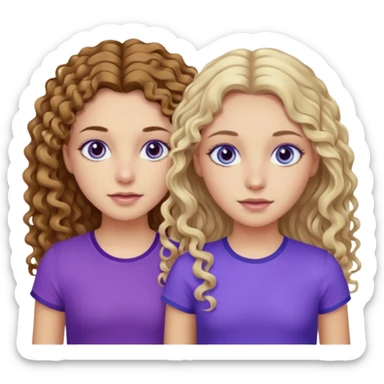 Twin sisters, one has brown eyes, long curly brown hair, the other one has blue eyes and straight blond hair purple top sticker