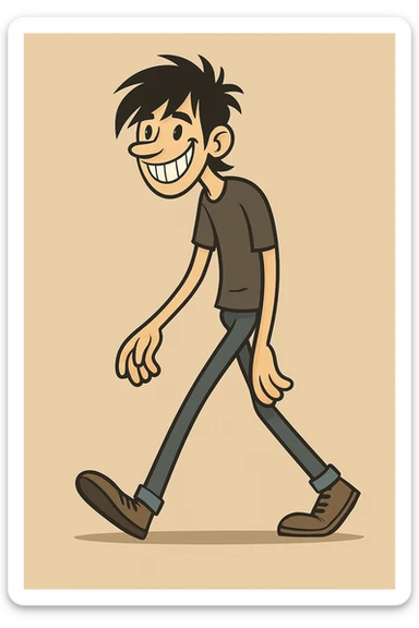 Make the stylized tall, skinny man with messy emo hairstyle look much happier, with a big smile showing lots of teeth, keep the walking pose and style as in the original image. sticker