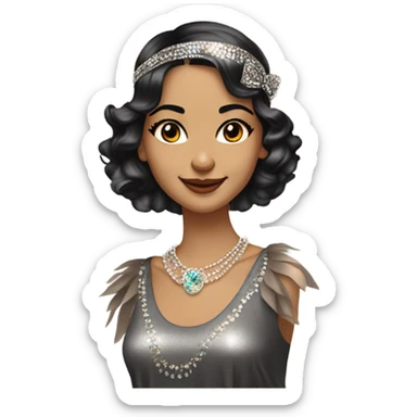 Feminine flapper jeweled style flapper headband short dark wave hair long eyelashes expression is she is smirking smiling and she is wearing sparkly shirt with sleeves and has wavy medium brown hair to shoulder  sticker